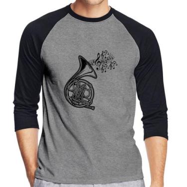 Imagem de Camiseta Raglan Trompa Notas Musicais Manga 3/4 - Foca na Moda, Cinza,