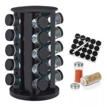 Imagem de Porta Tempero Condimentos 20 Potes Giratorio Redondo Preto + Etiquetas