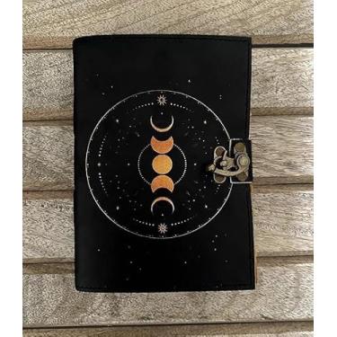 Imagem de Diário de couro vintage Sun & Moon Grimório fases da lua livro de feitiços das sombras para 200 páginas de papel vintage antigo feito à mão com borda de deckle, caderno de esboço de couro, diário de