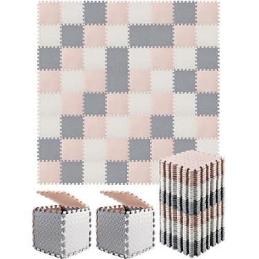 Imagem de Shihanee 64 Pcs Foam Floor Baby Tiles Foam Floor Mats Play Mats Bulk with Borders Interlocking for Kids Baby Playroom Nursery Gym (White, Beige, Gray, 64ft)