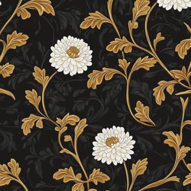 Imagem de Fvlow Papel de parede floral escuro descasque e cole vintage preto floral papel de parede retrô papel de parede impermeável autoadesivo cobertura de parede para quarto bancada armário de mesa 44,2 cm