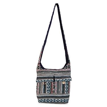 Imagem de LONGING TO BUY Bolsa tiracolo de algodão Hobo Sling Bag Handmade Messenger Bolsas de ombro para mulheres e meninas, Azul-marinho multi, Bolsa de ombro