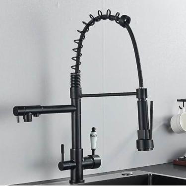 Imagem de Torneira de cozinha com filtro, torneira de cozinha com água potável, torneira de cozinha com puxar para baixo, rotação de 360 graus, torneira misturadora de água quente/fria, preto fosco TC