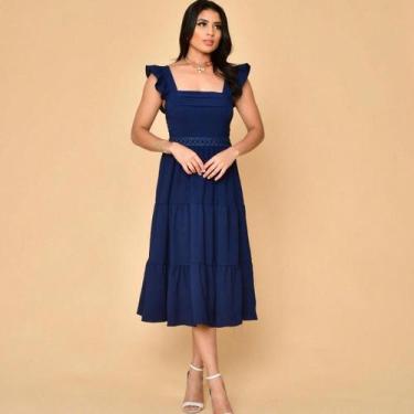 Imagem de Vestido midi luxo duna lisa com babada na manga e renda na cintura 001