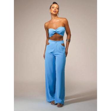 Imagem de Conjunto de Crepe Seda Vazado nas Laterais do Cós. - Lunii, Azul bebê,