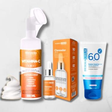 Imagem de Kit Skincarre Mousse Micelar Vitamina C Limpeza Facial Rhenuks+Sérum Clareador+ Protetor Solar FPS60 Sem Cor