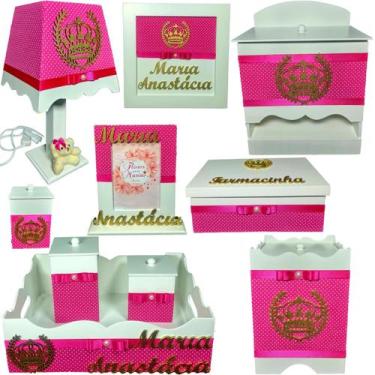 Imagem de Kit Higiene bebê Mdf 10 peças - ROSA PINK COM BOLINHA DE COROA - Flore