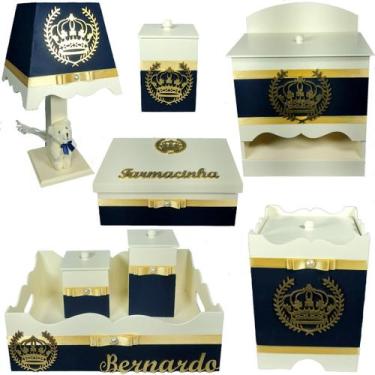 Imagem de Kit Higiene bebê Mdf menino 8 pçs - AZUL MARINHO COM CREME DE COROA - 