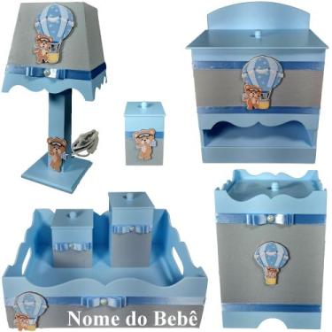 Imagem de Kit de Higiene de bebê madeira Mdf menino 7 pçs - URSINHO BALAO AZULE 