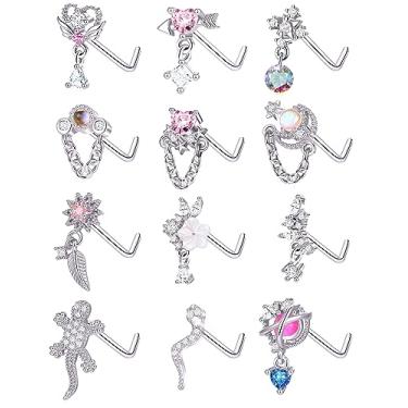 Imagem de Tornito 12 peças de piercing de nariz em aço inoxidável em forma de L, flor, opala, coração, flecha, pena, cobra, lagartixa, floco de neve, zircônia, pingente de narina, piercing de narina, joia para mulheres e homens, prateado e dourado, 20G, Cobre, Zircônia cúbica