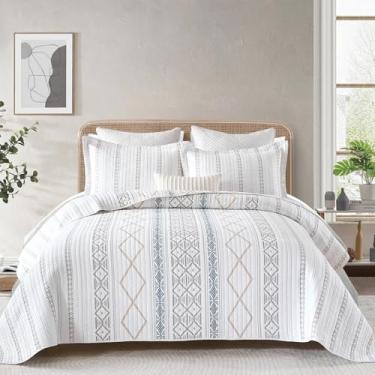 Imagem de QuiltMuse Colchas Queen Size – Conjunto de colcha 100% algodão com fronhas combinando, conjunto de cama com listras astecas boho do sudoeste, 3 peças, colcha leve para todas as estações, marfim/azul