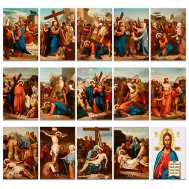 Imagem de Kit Via Sacra 15 Estações Placa Decorativa Tam. 21x29,7cm em MDF - Alm