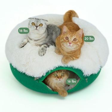 Imagem de CATTASAURUS Peekaboo Caverna de gatos para vários e grandes gatos de até 13 a 20 kg, camas e móveis fofos para gatos, cama de túnel removível e lavável, cama confortável de donut (verde floresta