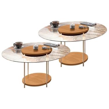 Imagem de Kit 02 Mesas De Centro Para Sala Redonda Tampo Vidro Pés Aço Allure B01 Cinamomo - Lyam Decor