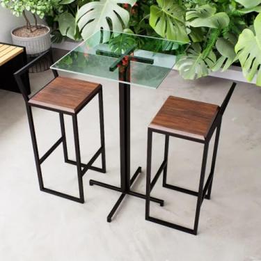 Imagem de Conjunto Mesa Alta Bar Bistrô Quadrada Vidro 2 Banquetas Confort Imbuia Industrial Black