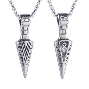 Imagem de Colar masculino com pingente de escudo de deus do trovão com runas viking norueguesas gravadas, material de aço inoxidável 316L, corrente de pérola quadrada de aço inoxidável prata, amuleto nórdico