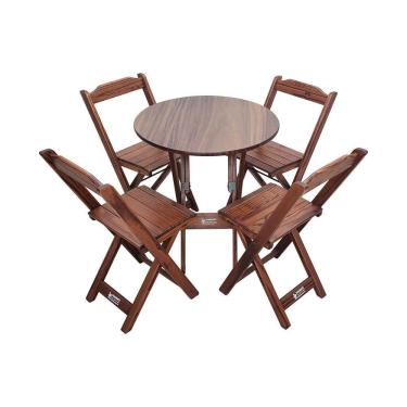 Imagem de Mesa Dobrável De Madeira Redonda 70cm Com 4 Cadeiras Imbuia - Cor: Marrom