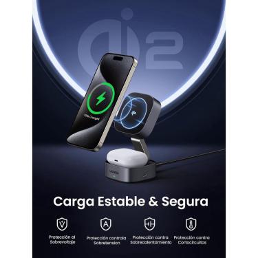 Imagem de Carregador indução sem fio ugreen 15W Suporte magnético 2 em 1 Qi2 Compatível Magsafe iPhone 15 Plus Pro Max 14 13 12 Series AirPods Pro 2/1 AirPods3/