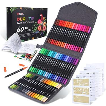 Imagem de ZSCM Marcadores de 60 cores para livros de colorir para adultos sem sangramento - Caneta pincel de ponta dupla, marcadores de colorir de artista fino e pincel para caligrafia, desenho, esboço e diário