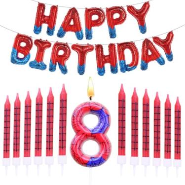 Imagem de Faixa de feliz aniversário com tema de aranha, conjunto de velas de aniversário com tema de aranha número 8, topo de bolo, suprimentos de decoração de festa de aranha (RedBule-8)