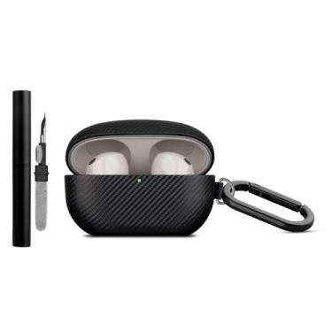 Imagem de LOPIE Capa de textura de fibra de carbono para Sony WF-1000XM5 com kit de limpeza - Capa de couro vegano para fones de ouvido WF 1000XM5 capa de carregamento - Capa rígida protetora com chaveiro e
