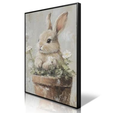 Imagem de Leetideful Arte de parede em tela de coelhinho da Páscoa, pôster adorável de coelho e flores, linda pintura de imagem de animal de berçário da floresta, estampa floral de coelho e primavera para