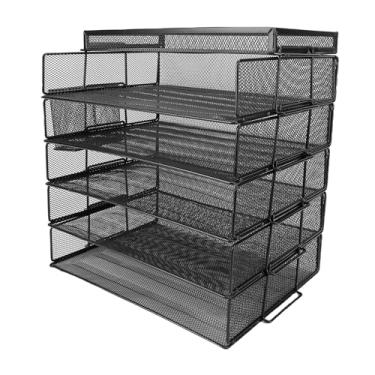 Imagem de 5 Tier Mesh Arquivo Arquivo Arquista Organizador de Tray Com Alça, Ferro Preto e Estrutura de Aço, Organização de Bandeja de Prateleira de Documentos de Mesa de Metal, para Casa