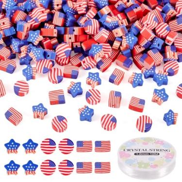 Imagem de Spritewelry 300 contas de argila de polímero com bandeira dos EUA, tema do Dia da Independência, contas espaçadoras patrióticas com fio de cristal elástico para fazer joias, artesanato DIY