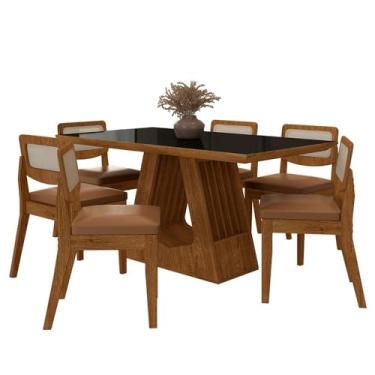 Imagem de Mesa Santiago Com 6 Cadeiras Sextavada Fre/pret/corino Caramelo - M.a Freijó/preto/corino Caramelo