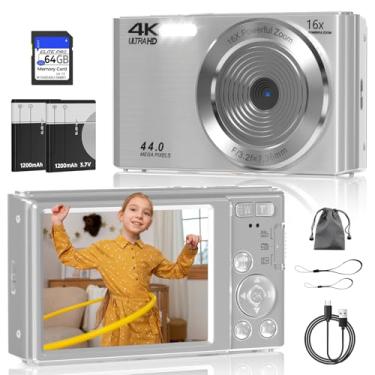 Imagem de Câmera digital, câmera digital FHD 4K 44MP, zoom digital 16X, câmera digital de ponto e disparo com luzes de preenchimento de 3 LEDs, cartão SD de 64 GB, câmera compacta para crianças, adolescentes,