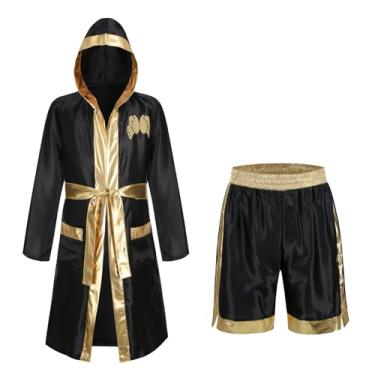 Imagem de yolsun Fantasia masculina de boxe preto dourado conjunto de roupão e shorts para Halloween (ouro preto, GG)