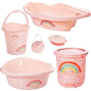 Imagem de Kit banheira de bebê decorada ludica plasutil 6 peças + bacia + lixeir
