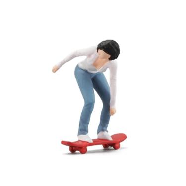 Imagem de kivcmds Figuras de pessoas em miniatura 1/64, figuras de plástico de construção de trem, modelos de personagens 3D, figuras pintadas (garota de skate - branco vermelho)