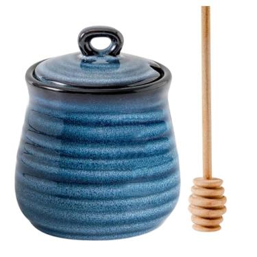 Imagem de Tikooere Pote De Mel Cerâmica Com Tampa E Concha, 355 Ml, Recipiente Madeira Para Casa, Prato Fofo, Lavável Na Máquina Lavar Louça, Azul