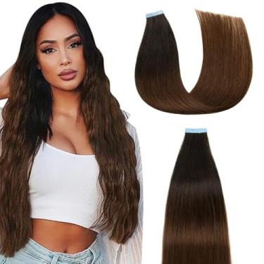 Imagem de AGMITY Extensões De Cabelo Humano Com Fita Adesiva, Ombré, Preto/Castanho Médio, 24 Polegadas, 20 Unidades, 50G/Pacote, Liso, Sem Costura, Trama, Pele, Natural (24 Polegadas #T1B-4)