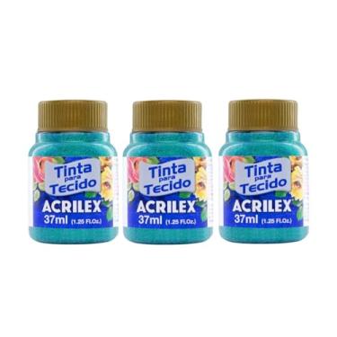 Imagem de Kit Com 3 Tintas para Tecido com Glitter Acrilex 37ml – Brilho Intenso, Alta Cobertura e Fixação a Frio para Suas Criações acabamento cintilante, alta cobertura e durabilidade superior, sendo ideais para customização de roupas, acessórios, peças decorativas e projetos artísticos em geral. (Verde Esm