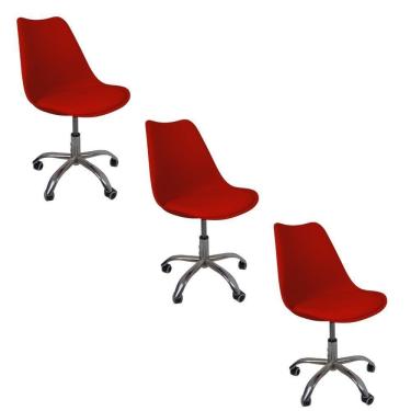 Imagem de Kit 3 Cadeiras Office Base Cromada Com Rodizio Giratória Saarinen Vermelho
