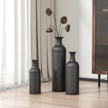 Imagem de GOOFCXO Vasos grandes pretos para chão, conjunto de 3 vasos gigantes modernos de textura de colmeia de metal grandes, conjunto de vasos de metal de 60 cm de altura para quarto, casa, escritório