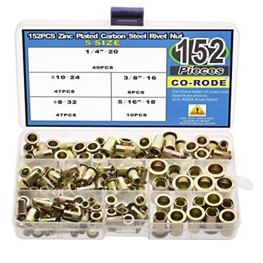 Imagem de Kit de rebites de aço carbono com cabeça plana de 152 peças da CoRODE, rebites de porcas com inserção de nogueira, 8-32, 10-24, 1/4"-20, 5/16"-18, 3/8"-16UNC