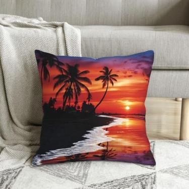 Imagem de RLDOBOFE Capas de almofada decorativas com estampa de palmeiras ao anoitecer, capas de almofada de veludo cotelê, capa de almofada macia para sofá, capa de almofada quadrada para sala de estar, cama