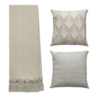 Imagem de Manta Para Sofá E Cama Grande 3 Metros Decorativa Com 2 Capas De Almofadas (MANTA BEGE-1 CAPA PRISMA E 1 CAPA BEGE)