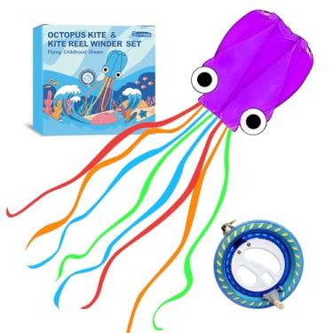 Imagem de Kaiciuss Conjunto De Pipa E Carretilha Octopus, Fácil Pilotar Para Viagens À Praia, Nice Winder Crianças Adultos, Estilo Sem Moldura Linha Única Com Kit Rodas 7,2" (Roxo)