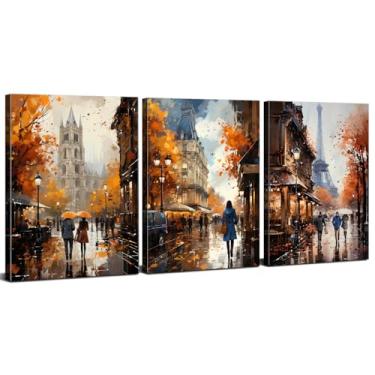 Imagem de Arte de parede de Paris para banheiro outono Torre Eiffel decoração laranja Paris rua quarto decoração paisagem abstrata impressão em tela Europa pintura para cozinha sala de estar decoração de casa