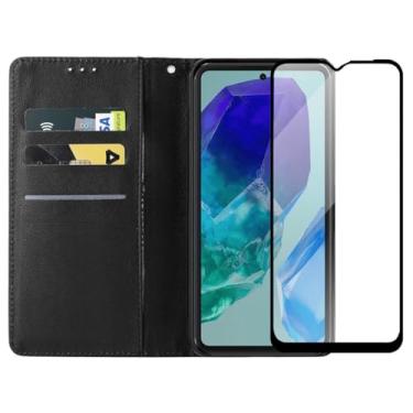 Imagem de Capa Carteira Flip Case para Samsung Galaxy M55 com Película de Vidro Temperado 3D, Proteção de Câmera, Preto