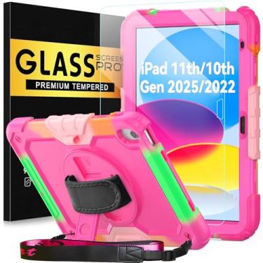 Imagem de BLOSOMEET Capa para iPad A16 11ª/10ª geração 28.9 cm 2025/2022 com protetor de tela de vidro temperado, capa protetora infantil com alça de ombro com suporte de mão, rosered