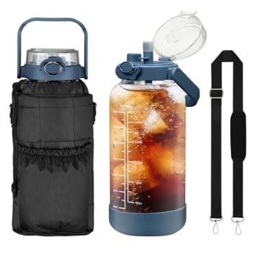 Imagem de chunmo Garrafa de água de vidro de 1,8 l com canudo e manga, garrafa de água motivacional de 1,8 litro com marcador de tempo e correia, jarro de água reutilizável de borossilicato à prova de vazamento