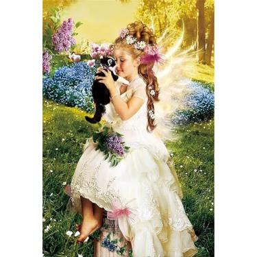 Imagem de ROSTITCH Kits de ponto cruz pré-impressos para iniciantes, adultos, ponto cruz, kits de bordado de bordado de fada de jardim com rosas rosas e asas brancas para decoração de casa, 48 x 61 cm (01)