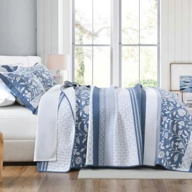 Imagem de DDUOXIN Conjunto de colcha Farmhouse Botanical Queen - Colchas 100% algodão com 2 fronhas, conjunto de cama leve de 3 peças para todas as estações, azul/branco/cinza, Queen (228 cm L x 248 cm C)