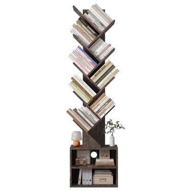 Imagem de Azaeahom Estante de árvore de 8 camadas, estante de madeira com armário de armazenamento, organizador moderno de estante estreita, prateleira de livros de chão para quarto/sala de estar/escritório em