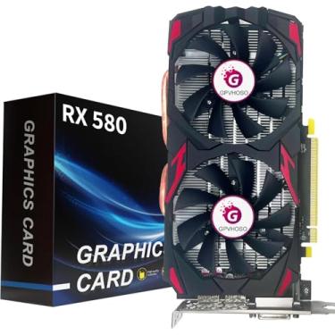 Imagem de Placa de vídeo RX 580 de 8 GB, placa de vídeo AMD GPU 2048SP 1289MHz GDDR5 256bit Radeon RX580 com ventilador de resfriamento duplo, HDMI, 3 x DP, DVI-saída, placa gráfica de computador 8K PCIE 3.0